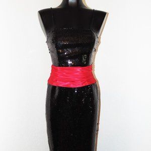Vintage 1980s Black Sequin Dress w Satin Red waist